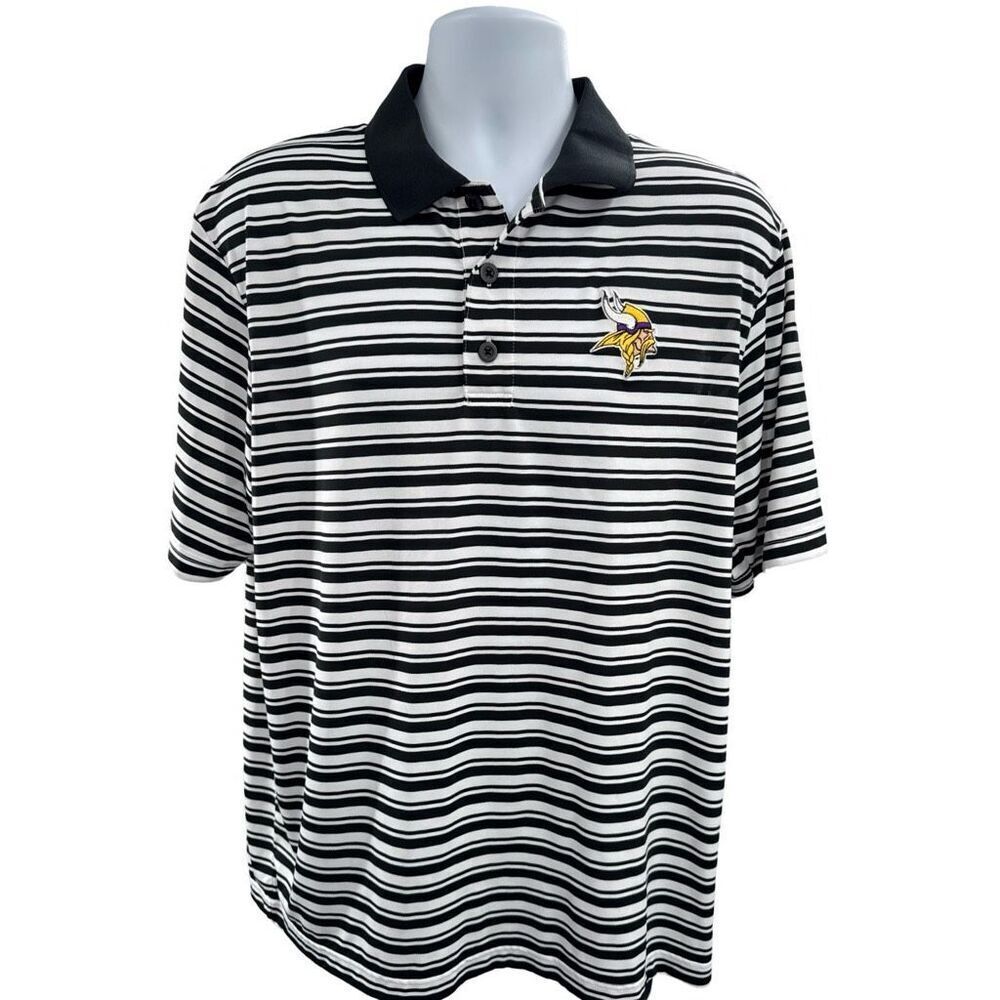 NFL MNVikings Polo Shirt Mens Size Large Black White Stripe TX3 Cool Golf Fan